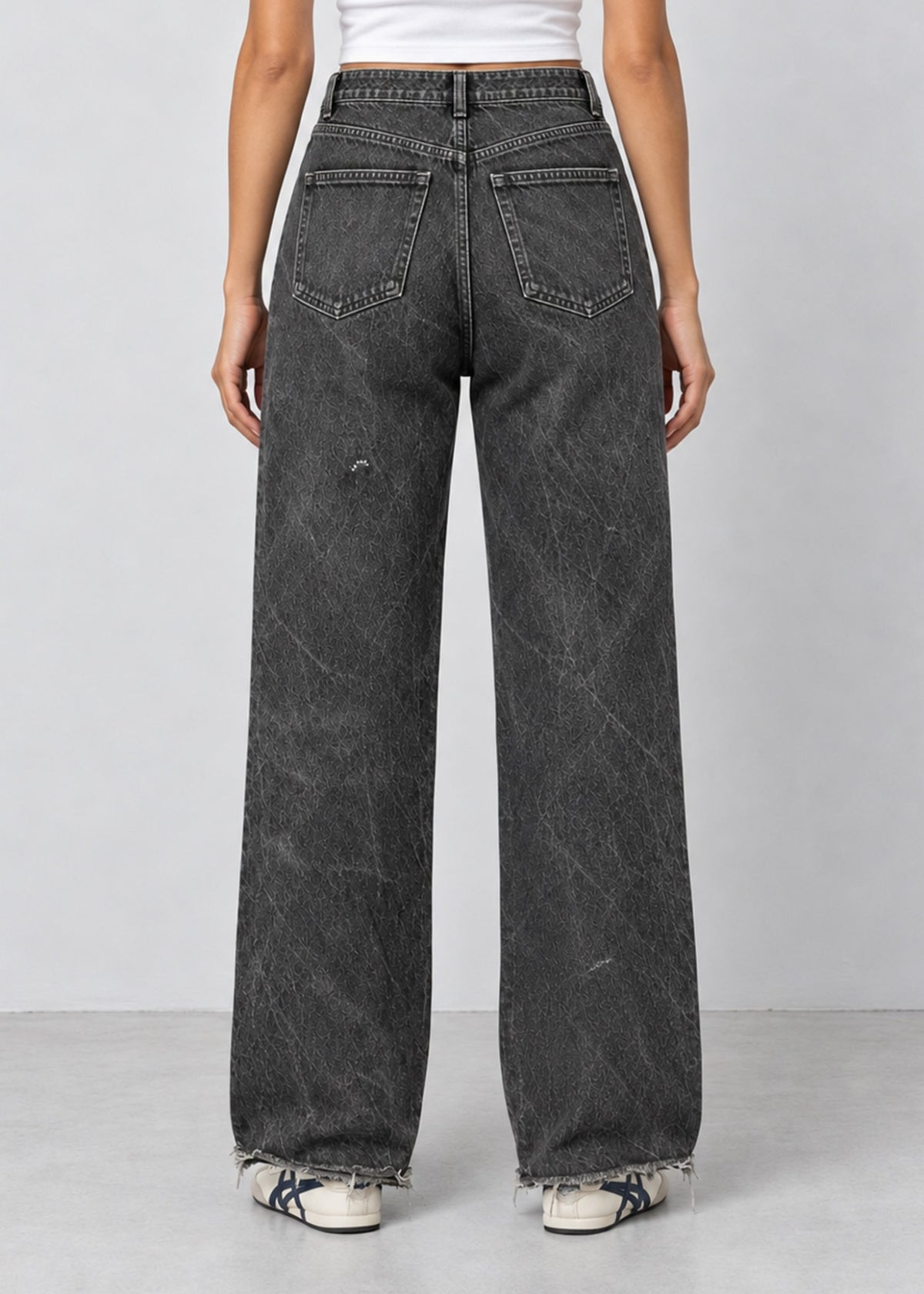 Unisex Zara charcoal acid wash wide leg jeans on female model, back view