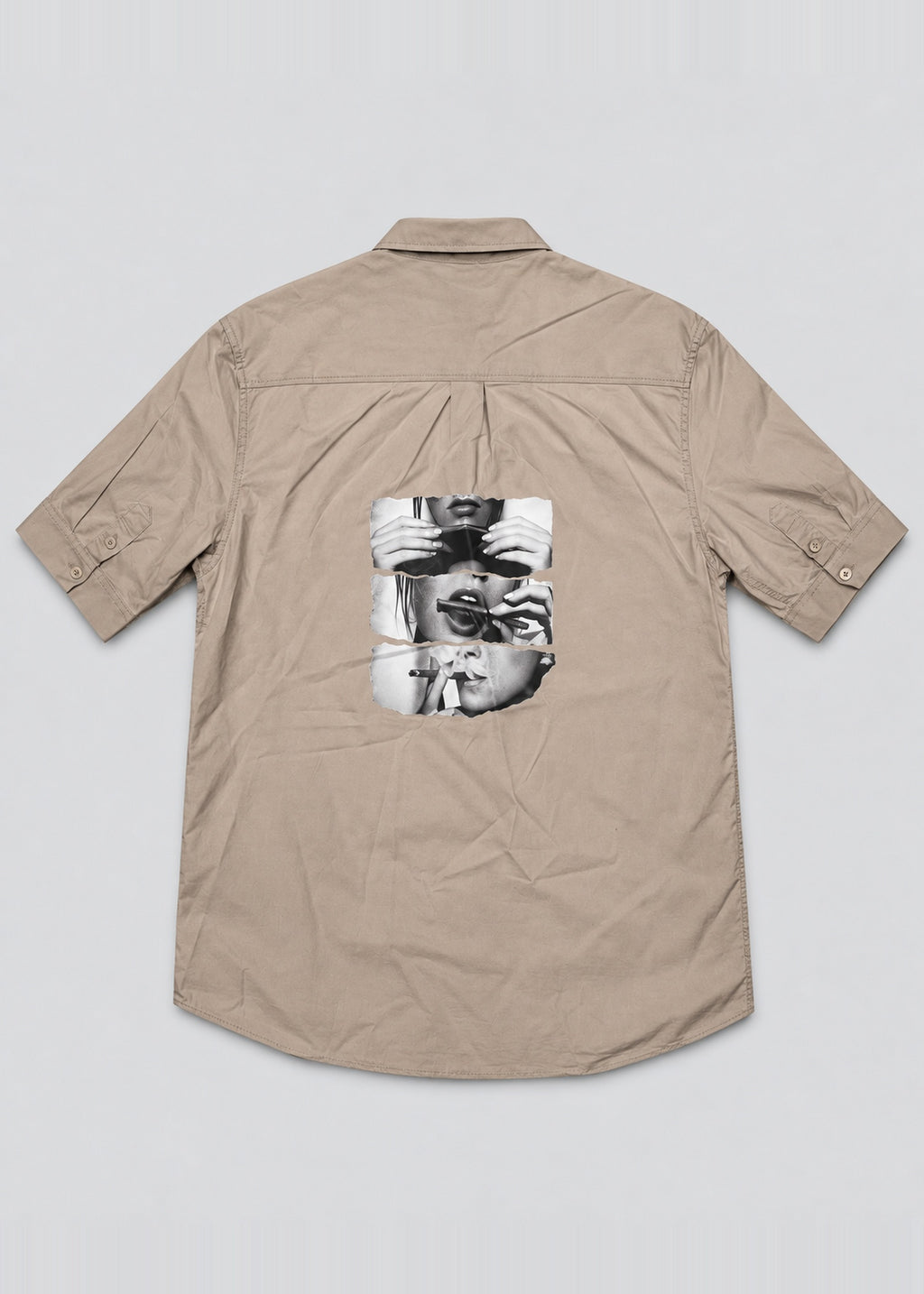 Smoking Collage Graphic Shirt – Taupe Short Sleeve – back flat lay