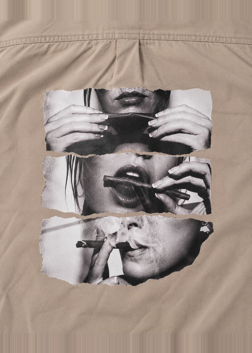 Smoking Collage Graphic Shirt – Taupe Short Sleeve – portrait print close-up