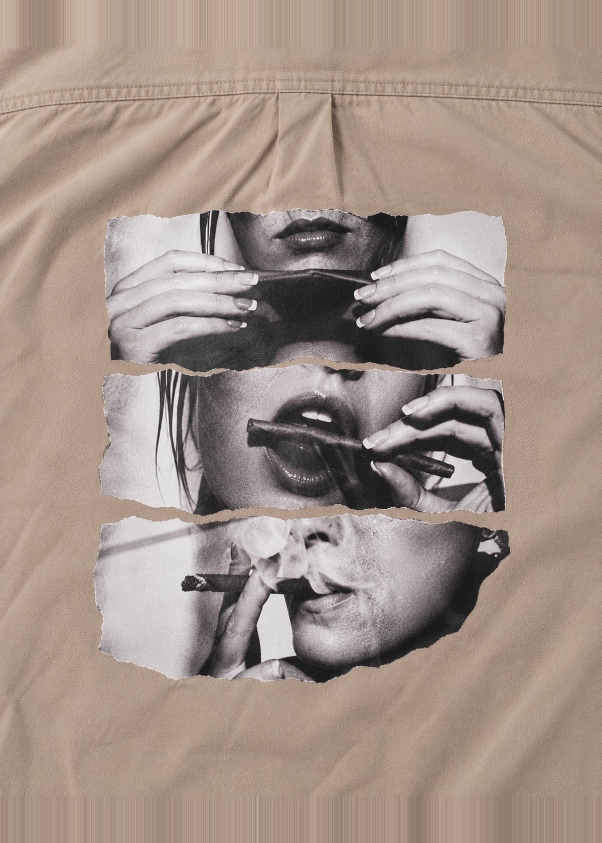 Smoking Collage Graphic Shirt – Taupe Short Sleeve – portrait print close-up