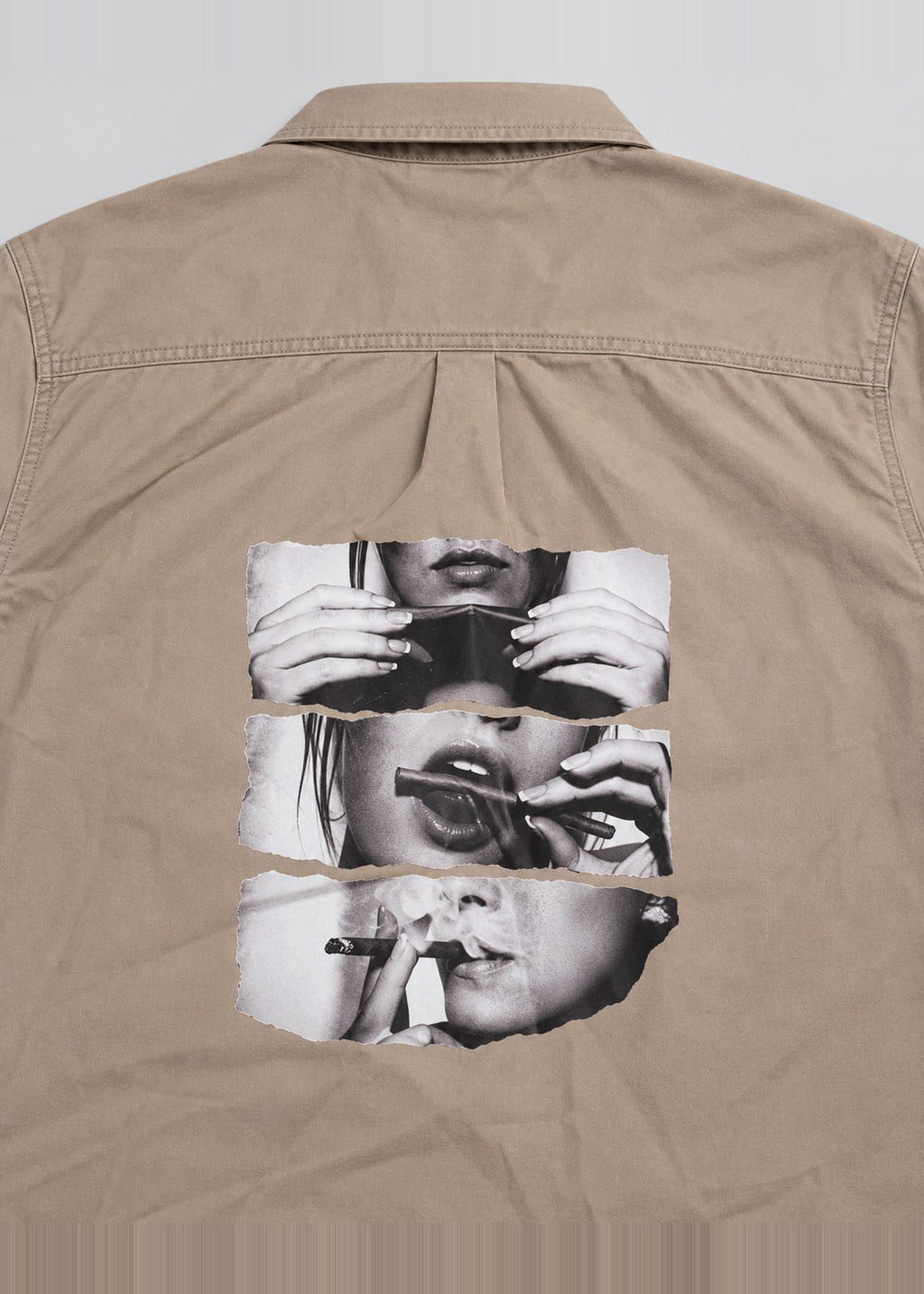 Smoking Collage Graphic Shirt – Taupe Short Sleeve – back yoke and print detail