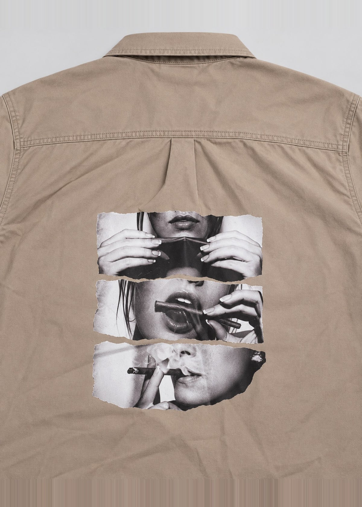 Smoking Collage Graphic Shirt – Taupe Short Sleeve – back yoke and print detail