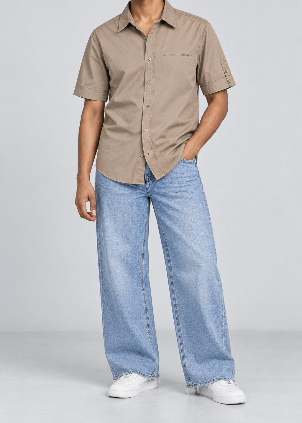 Smoking Collage Graphic Shirt – Taupe Short Sleeve – male model front view