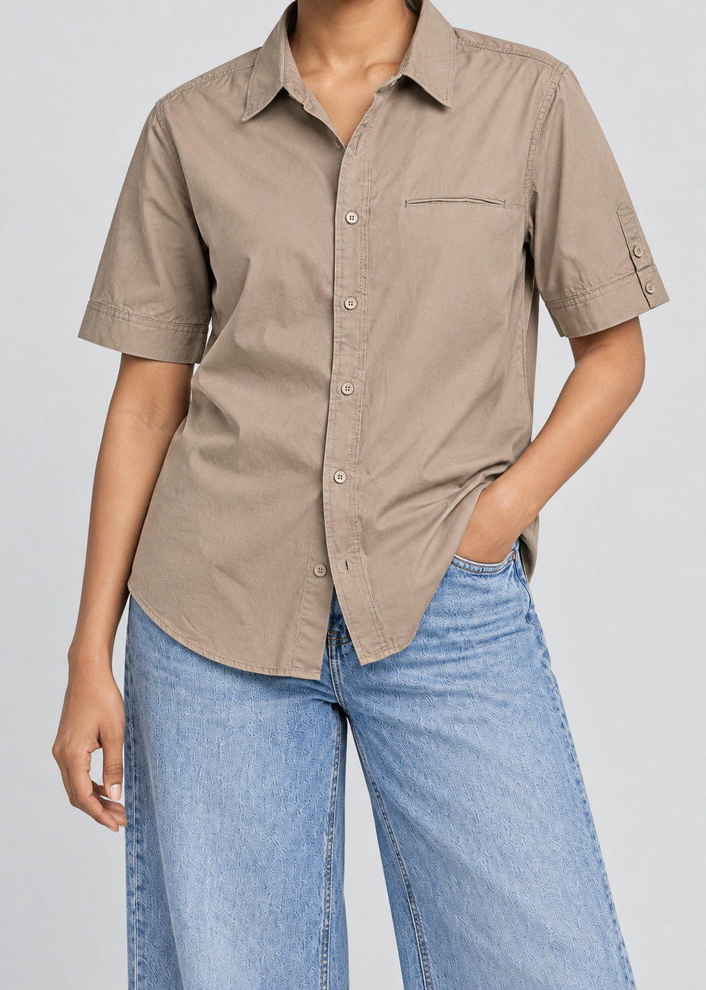 Smoking Collage Graphic Shirt – Taupe Short Sleeve – female model front view