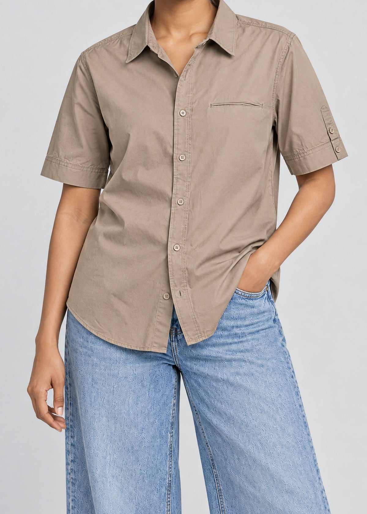Smoking Collage Graphic Shirt – Taupe Short Sleeve – female model front view