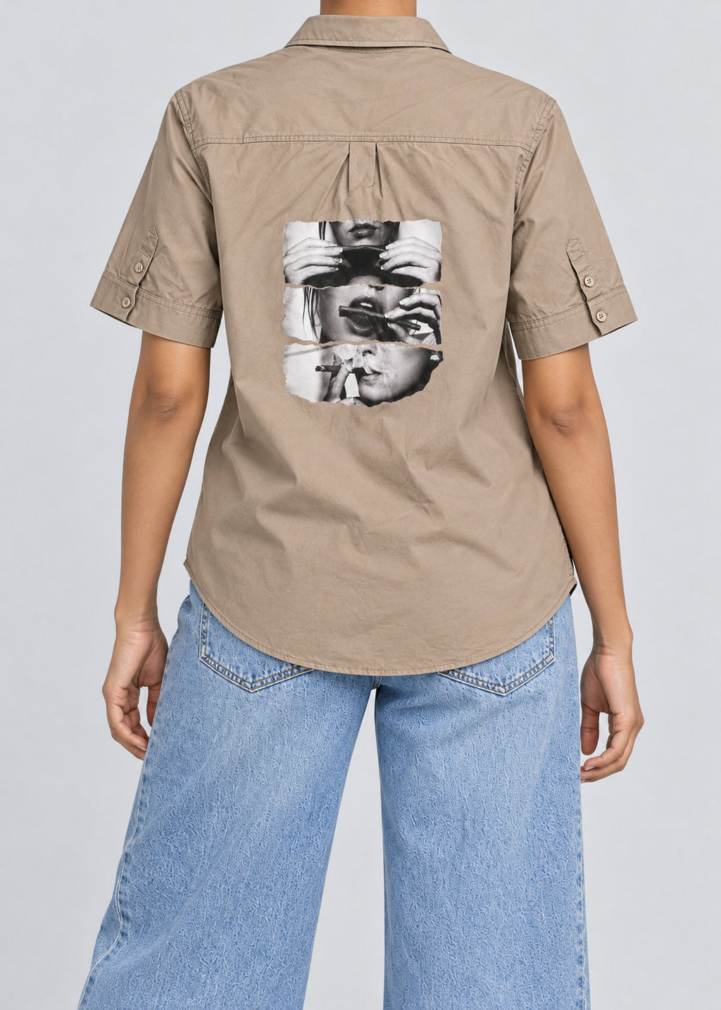 Smoking Collage Graphic Shirt – Taupe Short Sleeve – model back view showing the graphic