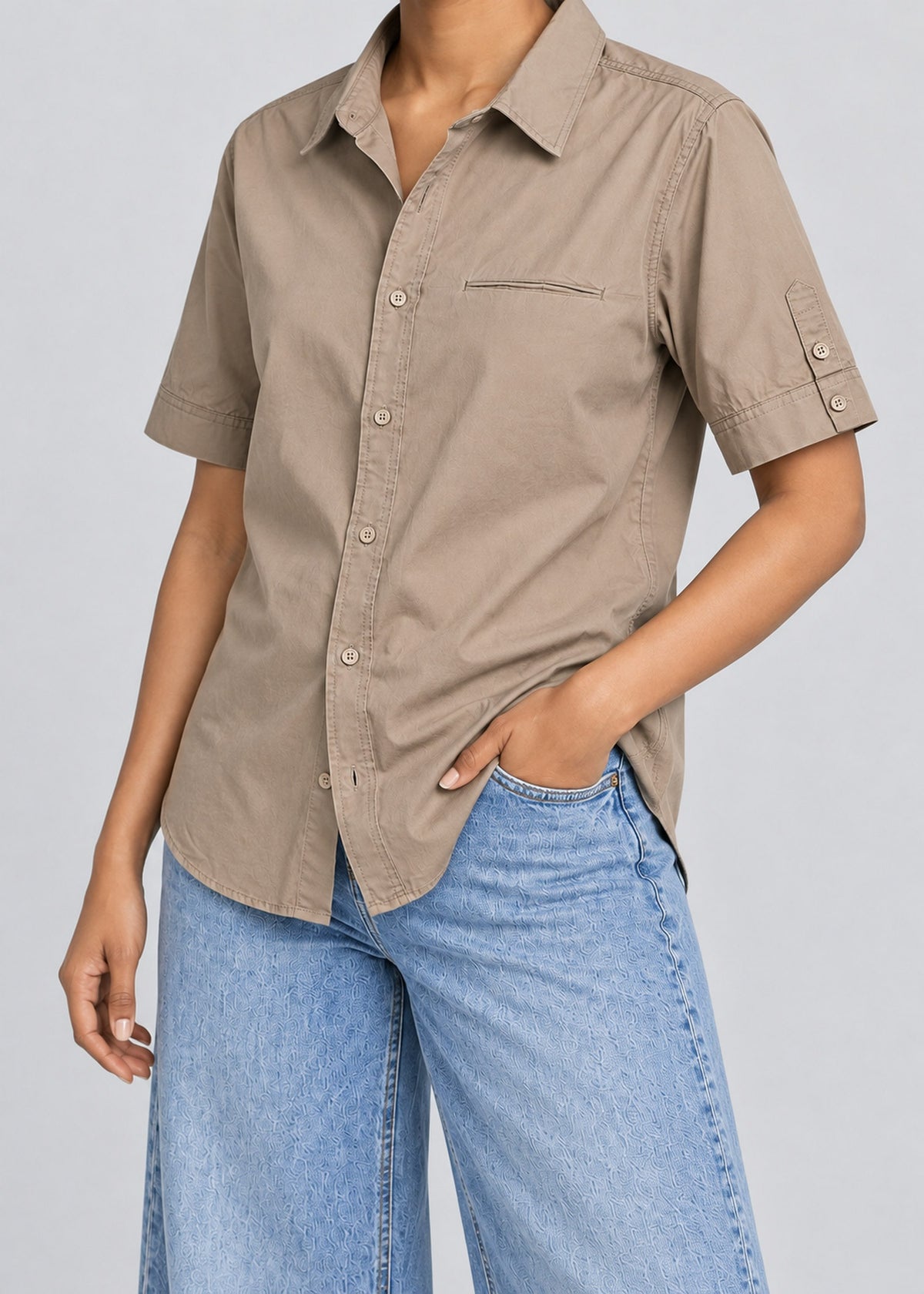 Smoking Collage Graphic Shirt – Taupe Short Sleeve – female model three-quarter view