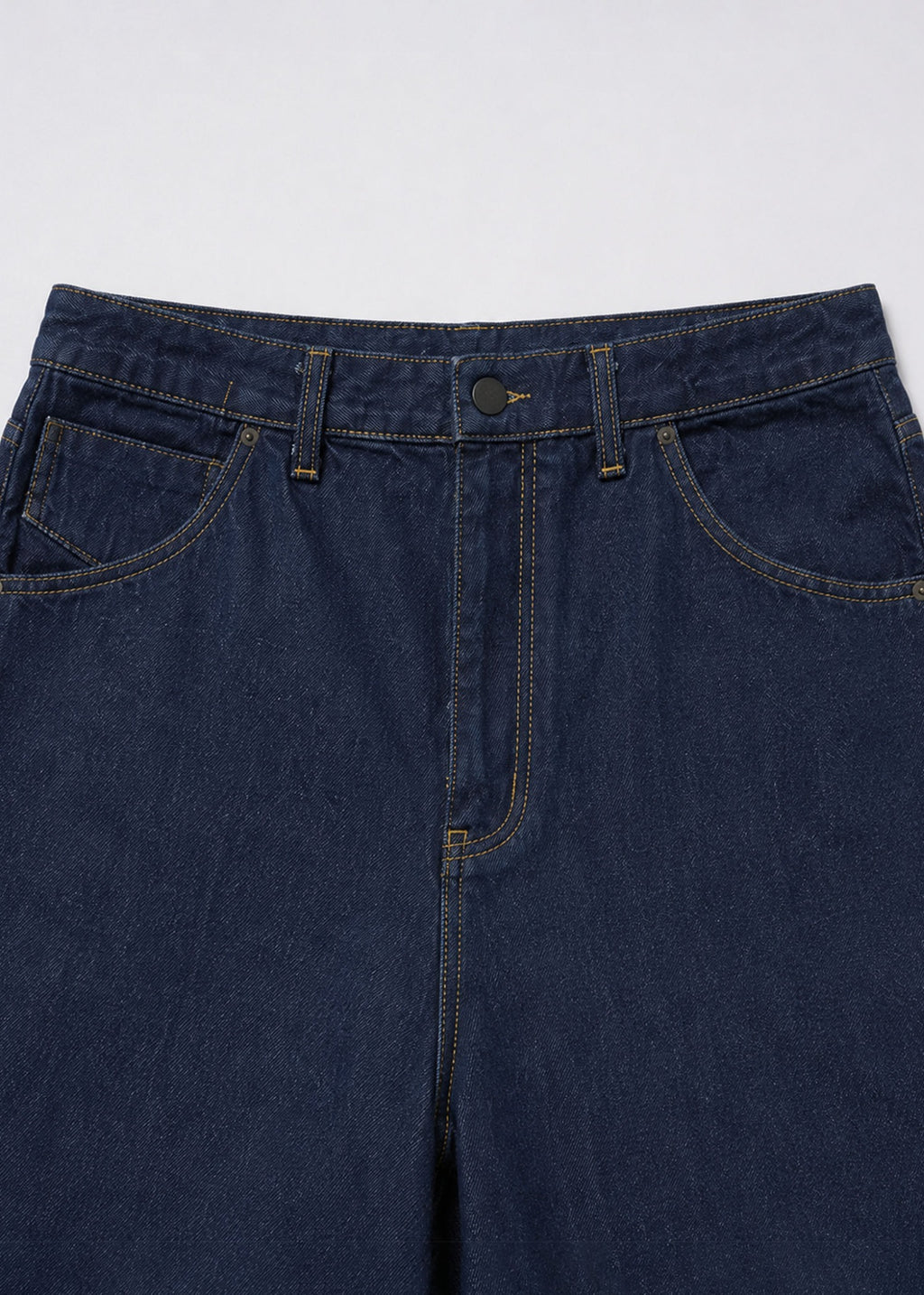 Studio Stwo dark-indigo jeans waistband black button and contrast stitching detail