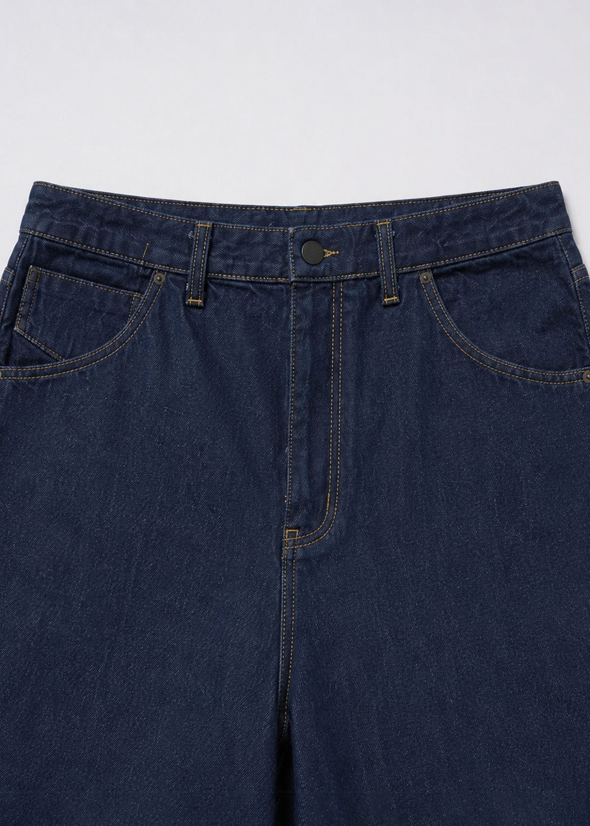 Studio Stwo dark-indigo jeans waistband black button and contrast stitching detail