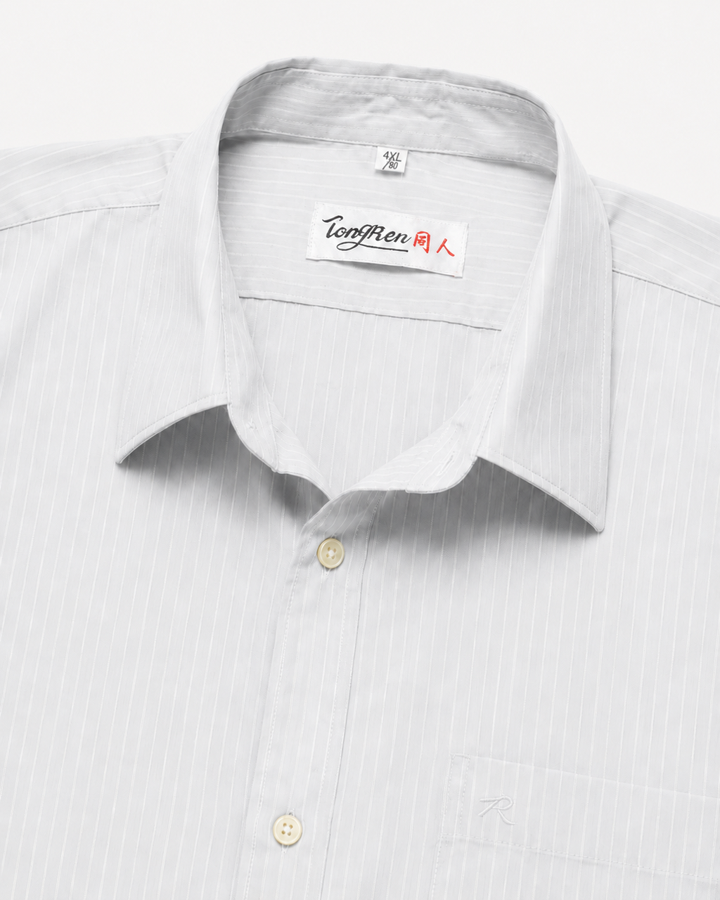 TongRen white self-striped shirt collar, label and chest pocket detail