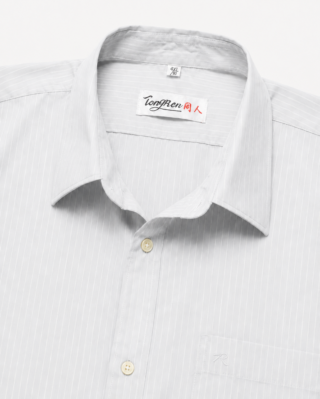 TongRen white self-striped shirt collar, label and chest pocket detail
