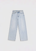 Ultra-light-wash wide-leg jeans front view with raw frayed hem