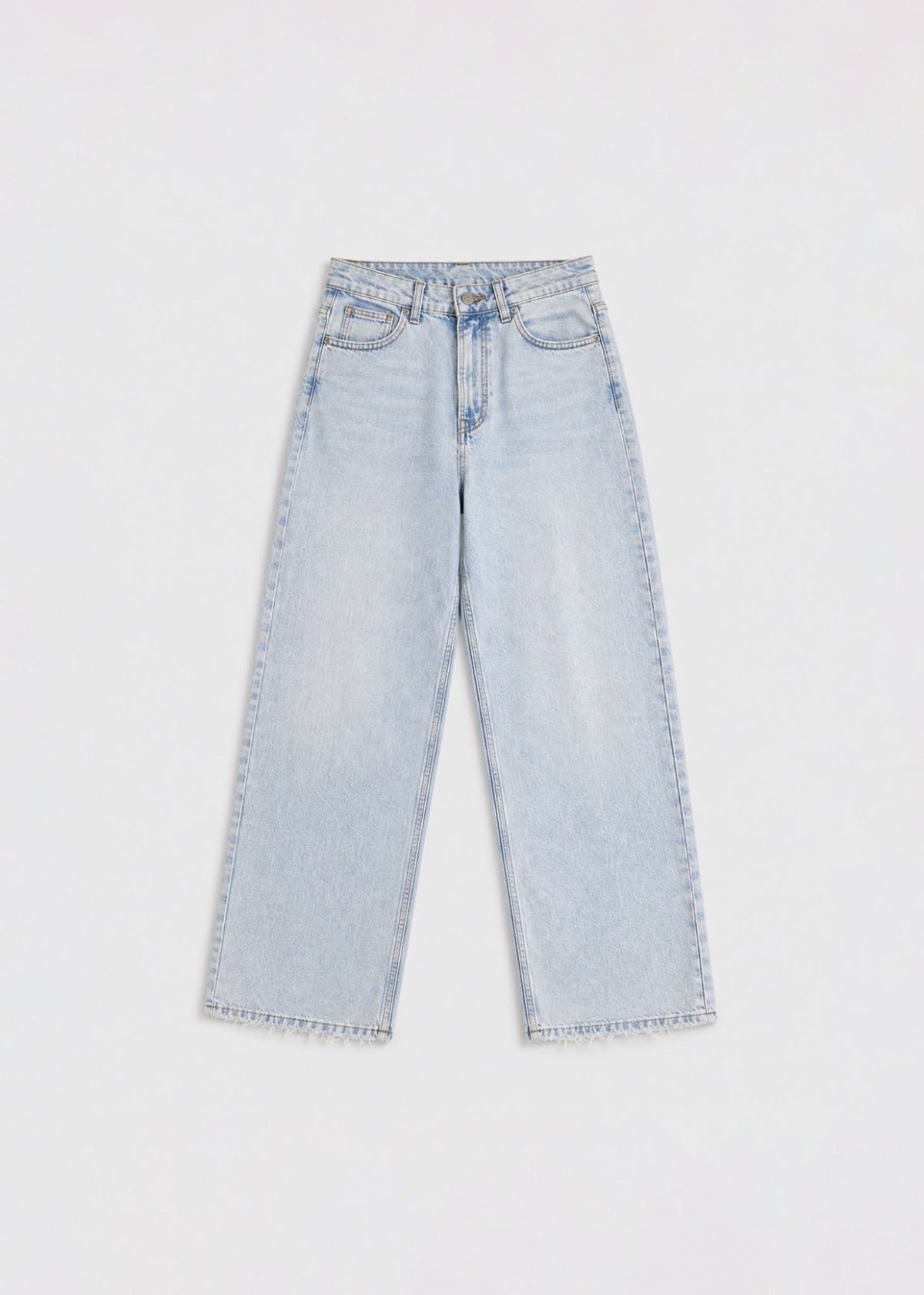 Ultra-light-wash wide-leg jeans front view with raw frayed hem