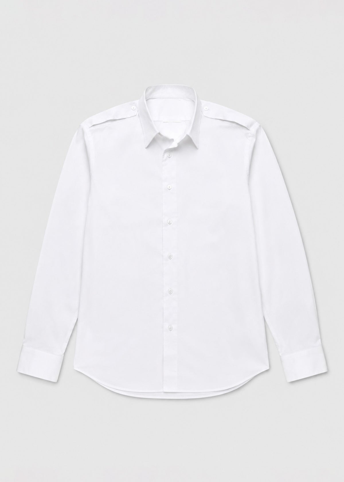 White epaulette long-sleeve button-down shirt, front view