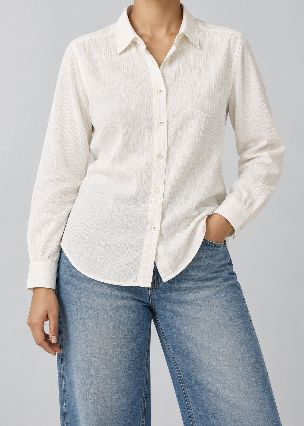 White Textured Women’s Long-Sleeve Shirt – female model front view