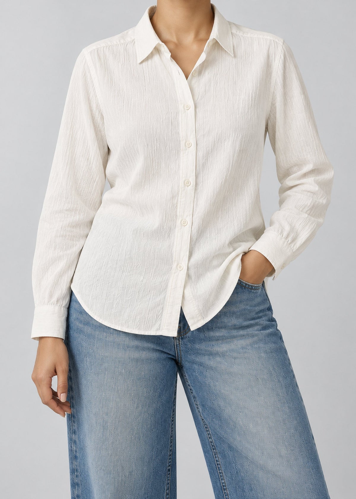 White Textured Women’s Long-Sleeve Shirt – female model front view