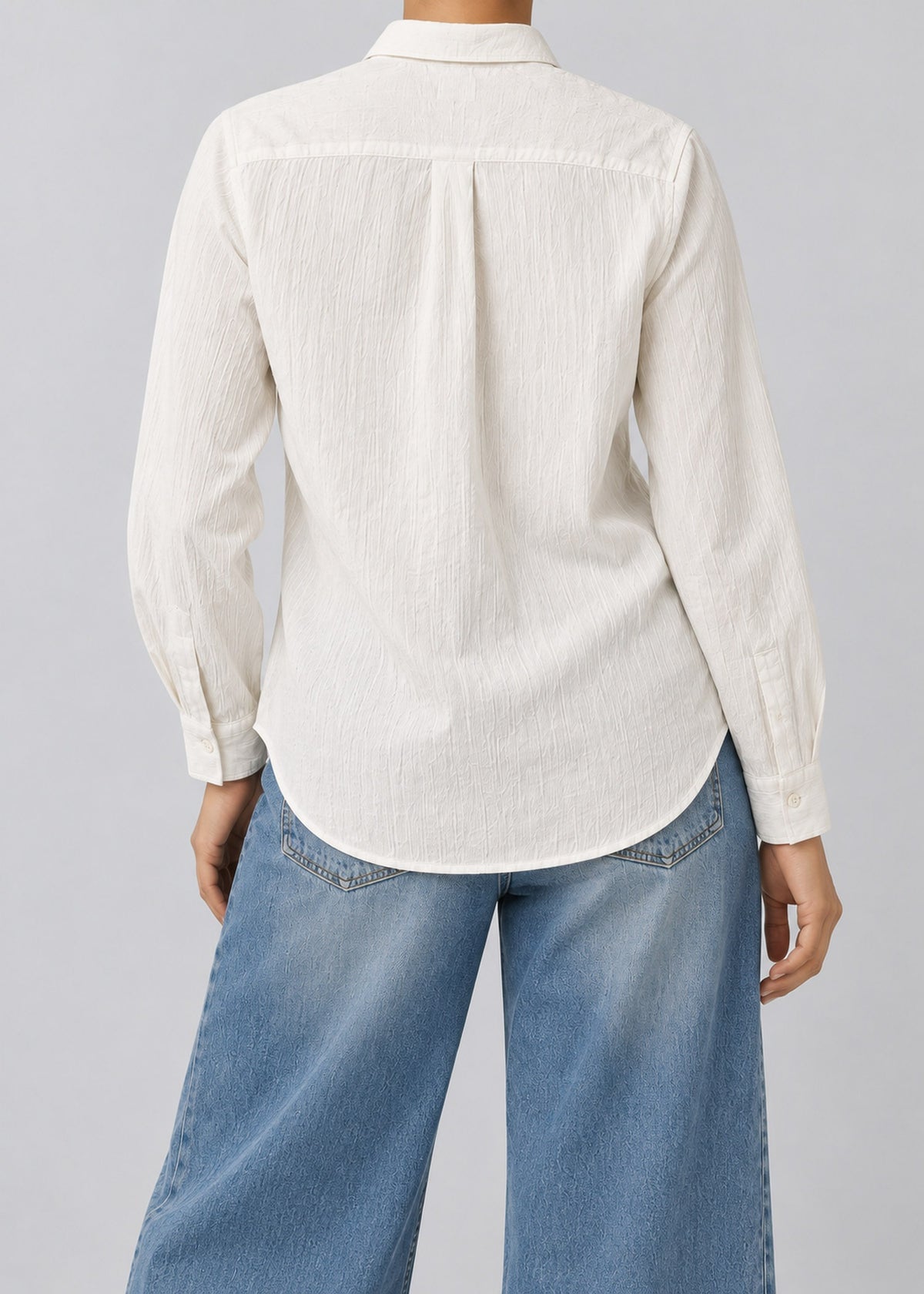 White Textured Women’s Long-Sleeve Shirt – female model back view