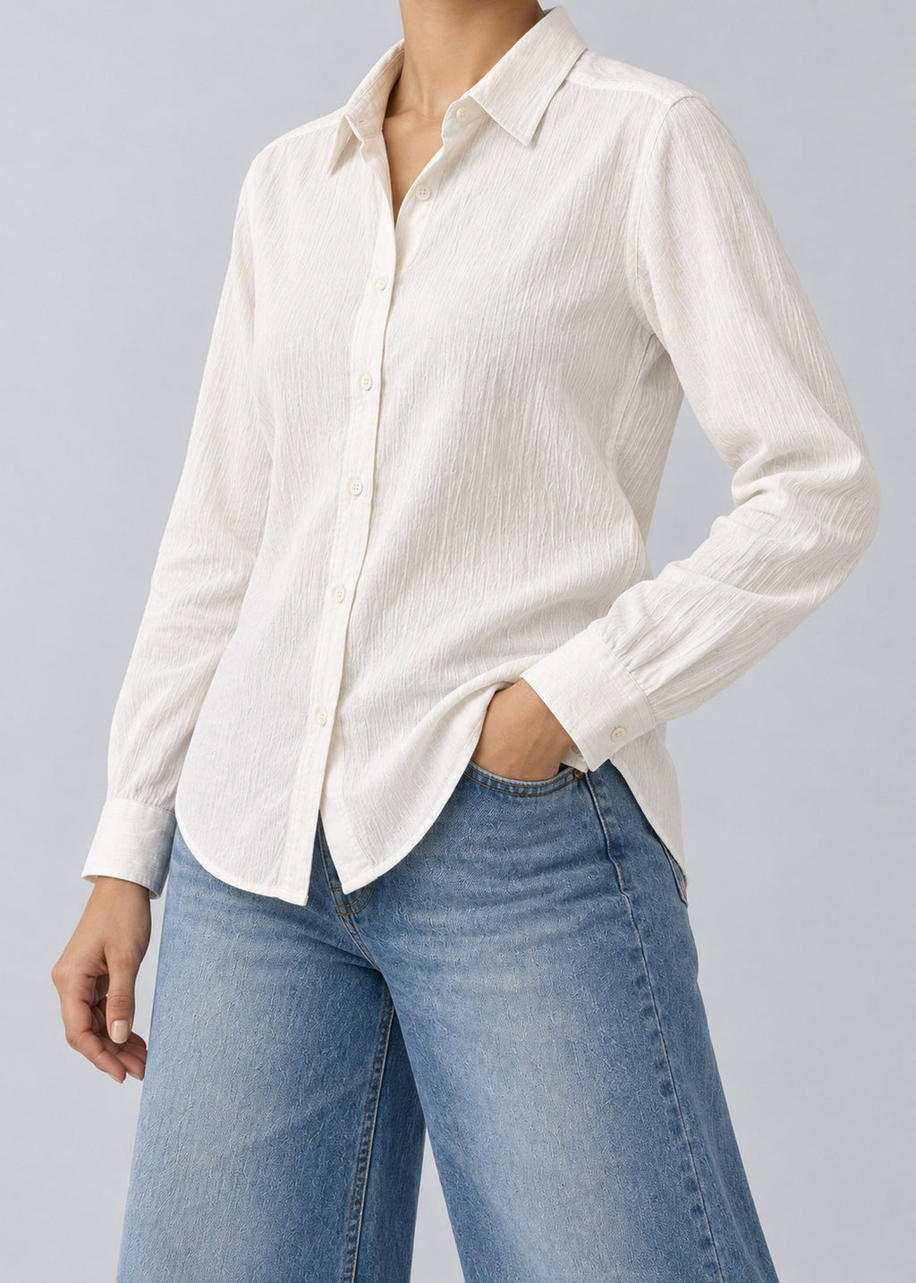 White Textured Women’s Long-Sleeve Shirt – female model three-quarter view