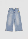 Zara light acid-wash wide-leg jeans front view with gold buttons